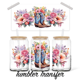 Country Flowers and Boots Glass Can Sublimation Transfer | 16 oz