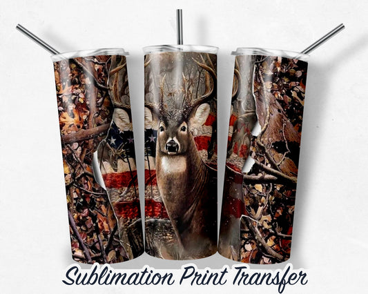 Deer Hunting  Sublimation Print 20 oz Skinny Tumbler - 30oz Skinny Tumbler - Ready To press Heat Transfers - Camo Flag Hunt SHIPS NEXT DAY