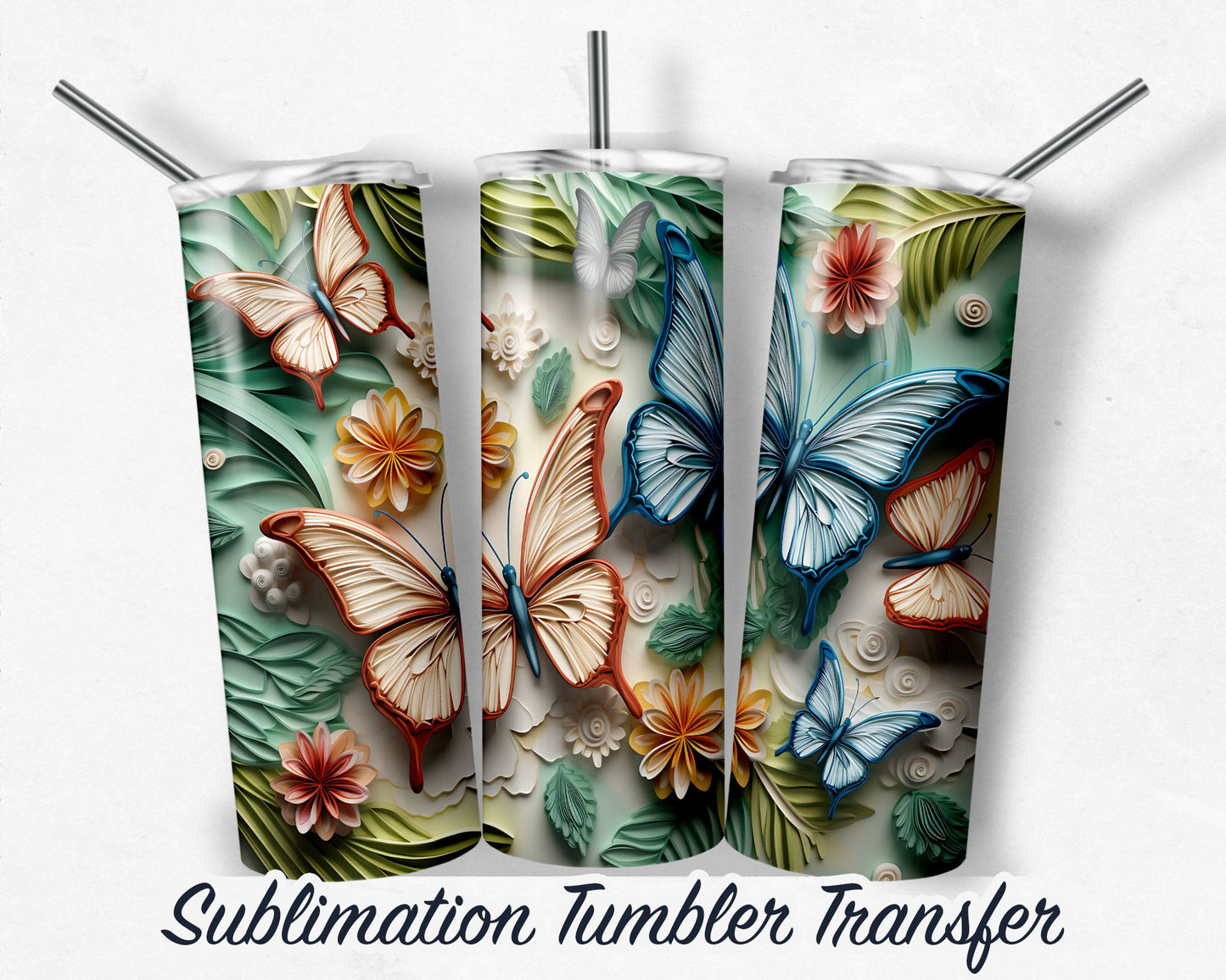 3D Butterflies Sublimation Transfer Print 20 oz - 30 oz Skinny Tumbler - Ready to Press - Heat Transfers