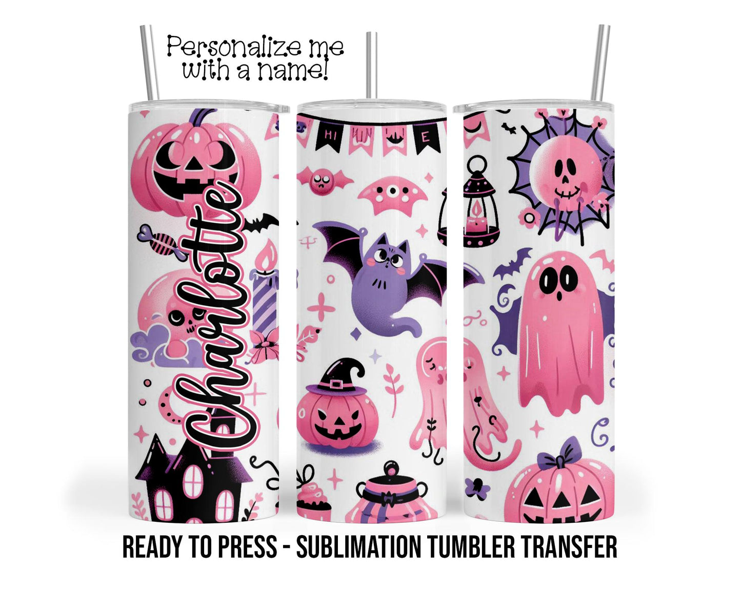 Pink Halloween, Bat, Ghosts Sublimation Tumbler Transfer Print 20 oz Tumbler - 30 oz Tumbler Ready To press Heat Transfers SHIPS NEXT DAY