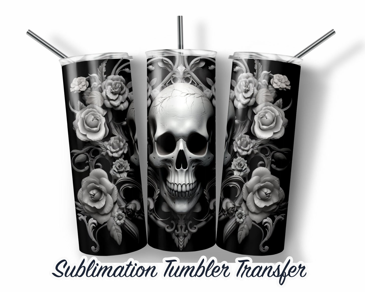 3d Skulls Halloween -  Sublimation Transfer Print For 20 oz Tumbler - 30 oz Skinny Tumbler - Ready To press - Heat Transfers