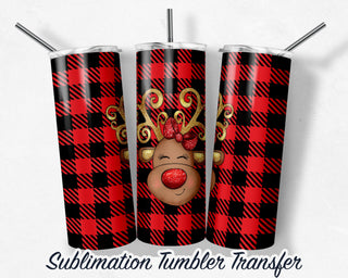 Reindeer Red Plaid Sublimation Transfer Print For 20 oz - 30 oz Tumbler - Ready To press - Heat Transfers