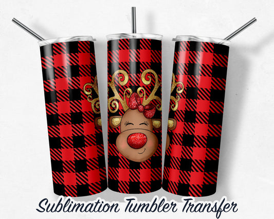Reindeer Red Plaid  Sublimation Transfer Print For 20 oz - 30 oz Tumbler - Ready To press - Heat Transfers