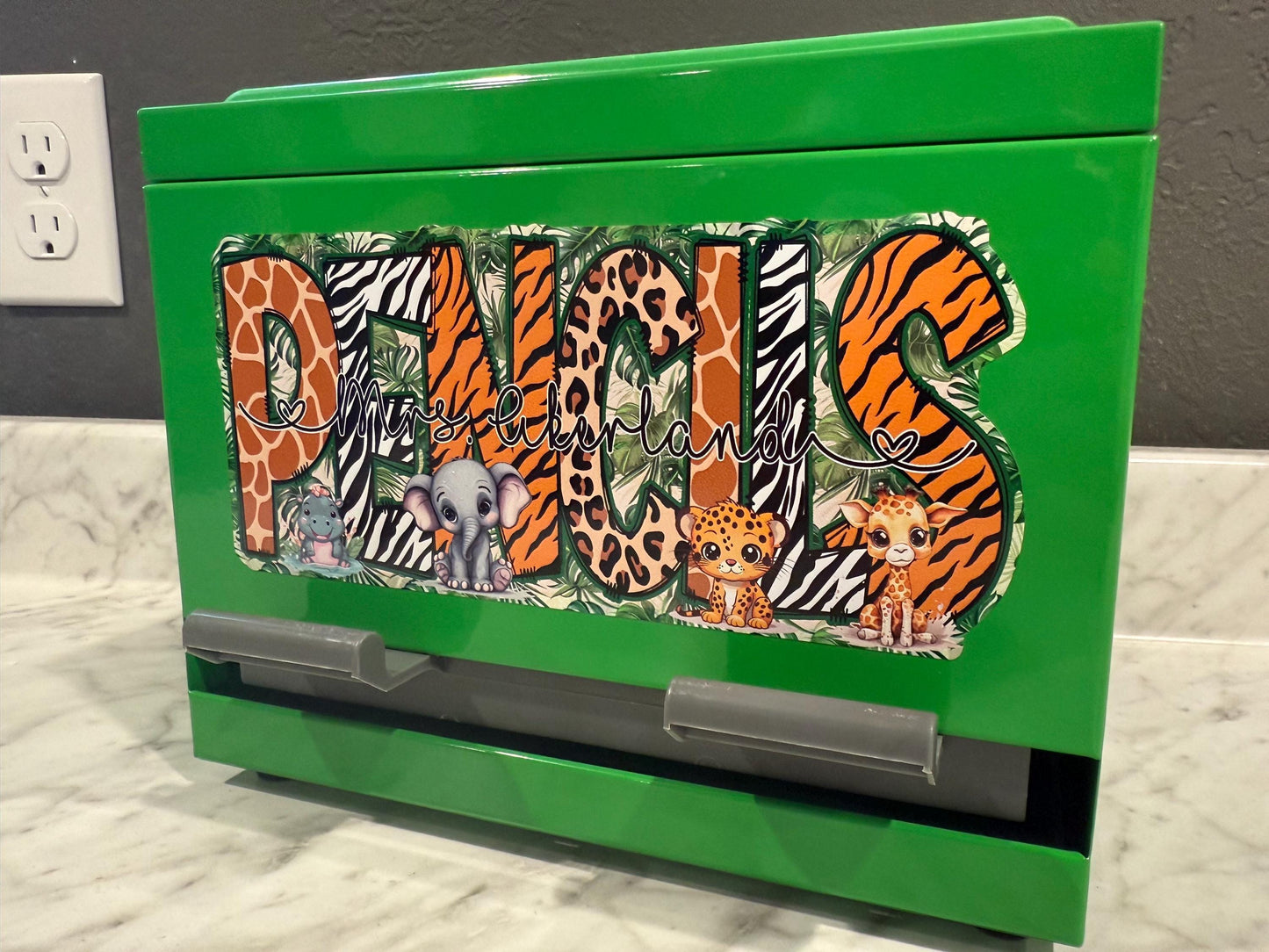 Safari Theme Custom Pencil Dispenser Vinyl Decal Personalized with a name 7.3 x 3.2 inches, Classroom Decor, Safari Theme Classroom Sticker