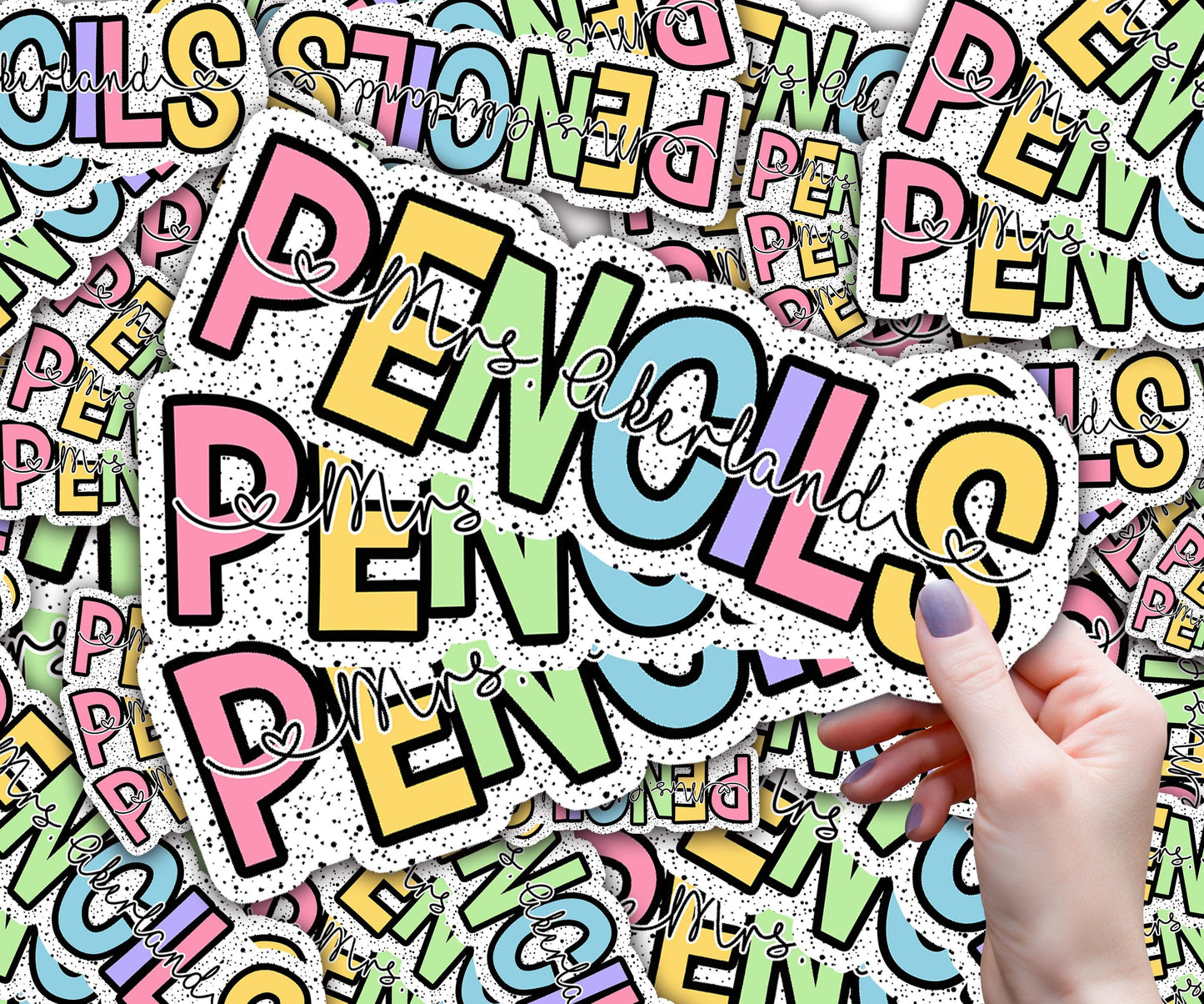 Custom Pencil Dispenser Waterproof Vinyl Decal OR Magnetic Decal Personalized with a name, Rainbow Dotted Theme, Teacher Appreciation Gift