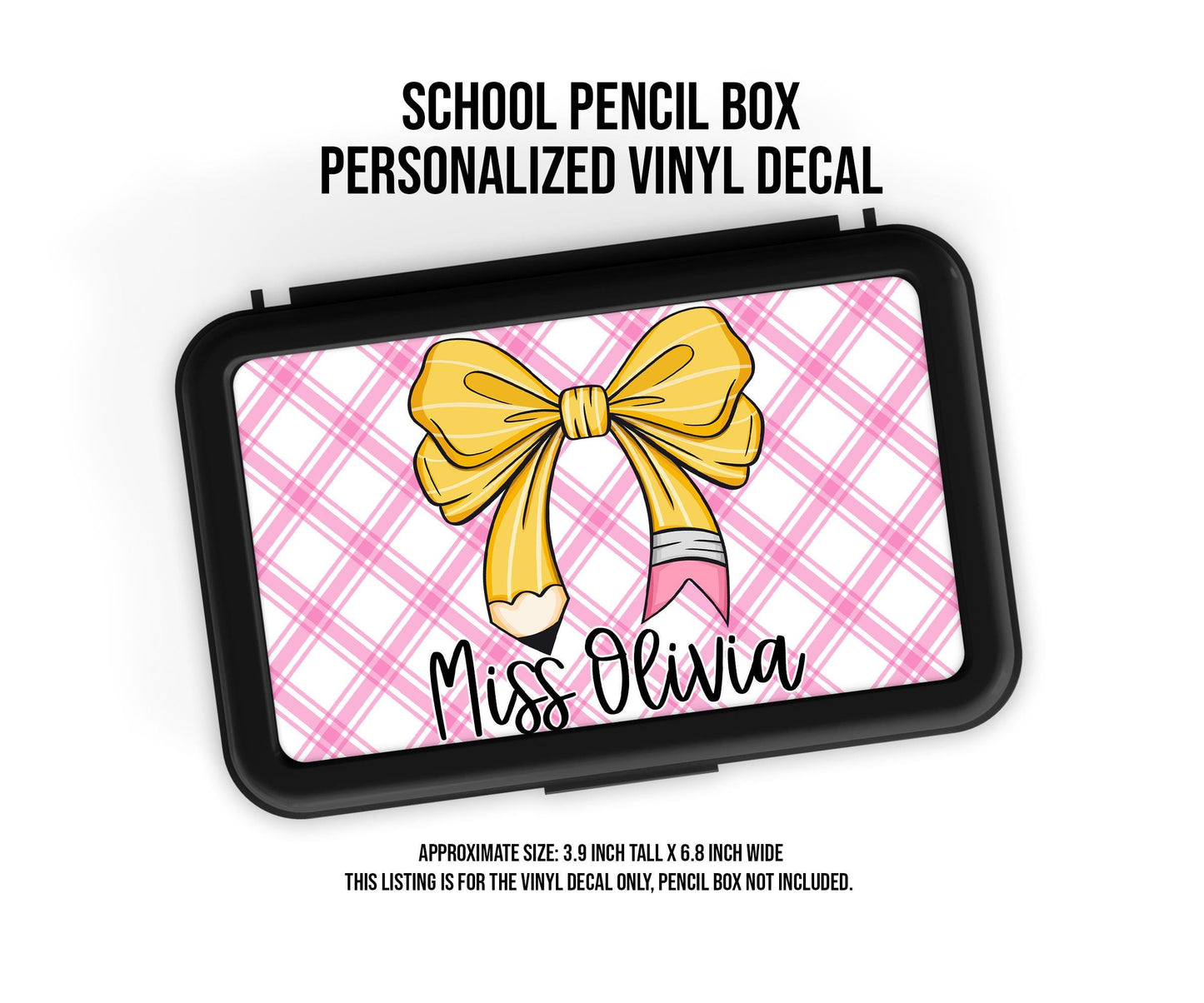 Custom Decal for Pencil Box Personalized with Name, 3.9 tall x 6.8 wide, Waterproof Decals for Students, Classroom Sticker, Pencil Box Check