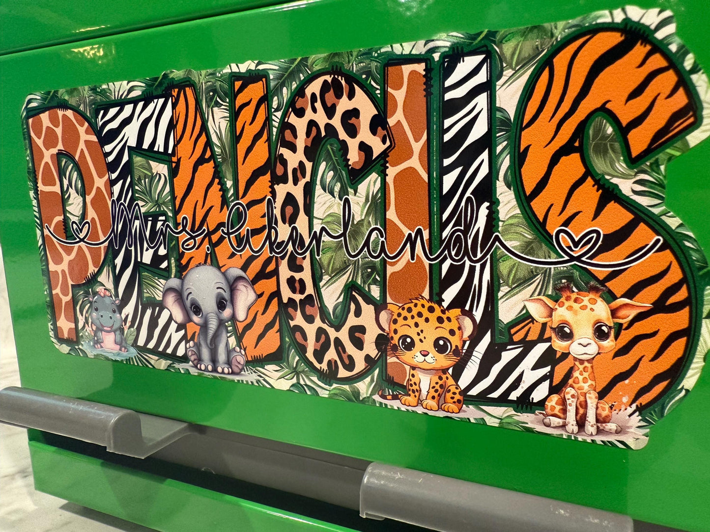 Safari Theme Custom Pencil Dispenser Vinyl Decal Personalized with a name 7.3 x 3.2 inches, Classroom Decor, Safari Theme Classroom Sticker