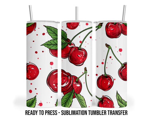 Hand Drawn Cherries Sublimation Transfer Print For 20 oz Tumblers - 30 oz Tumblers - Ready To press - Heat Transfers SHIPS NEXT DAY