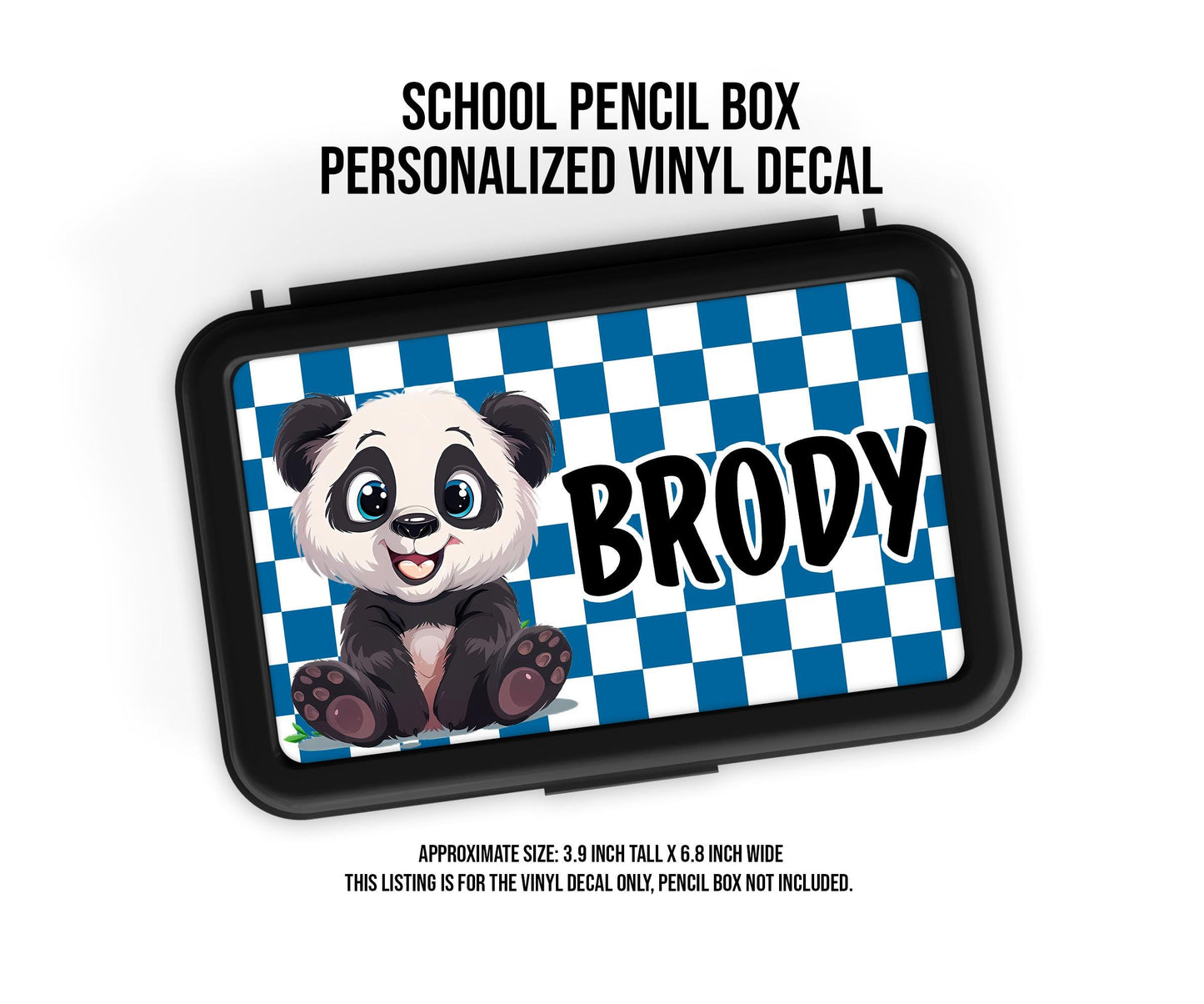 Custom Decal for Pencil Box Personalized with Name, 3.9 tall x 6.8 wide, Waterproof Decals for Student, Classroom Sticker, Baby Panda Theme