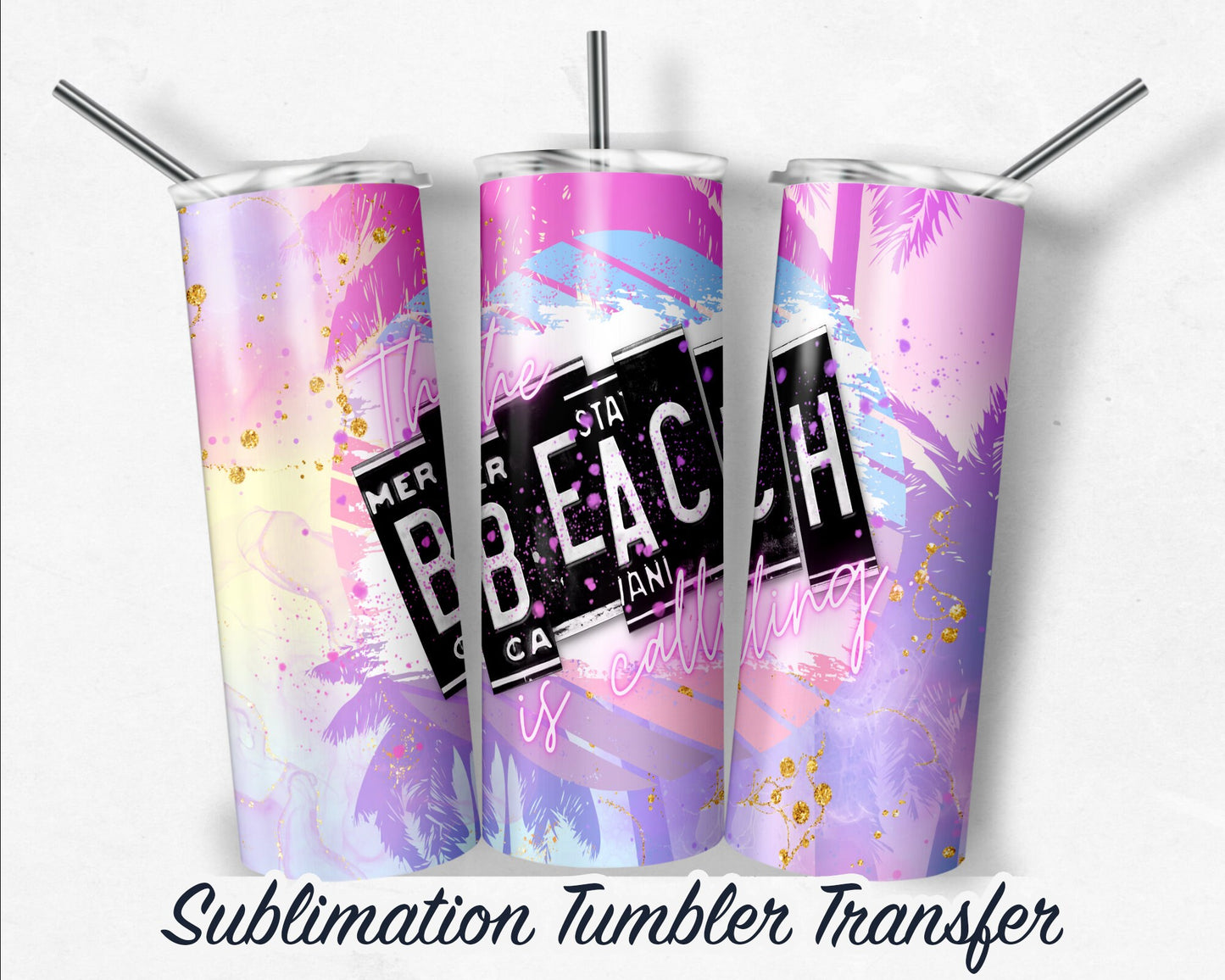 Neon Beach -  Sublimation Transfer Print For 20 oz - 30 oz Skinny Tumbler - Ready To press - Heat Transfers