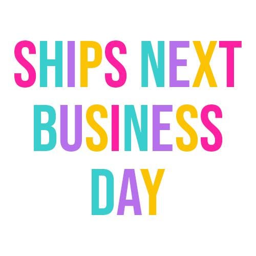 the words ships next business day on a white background