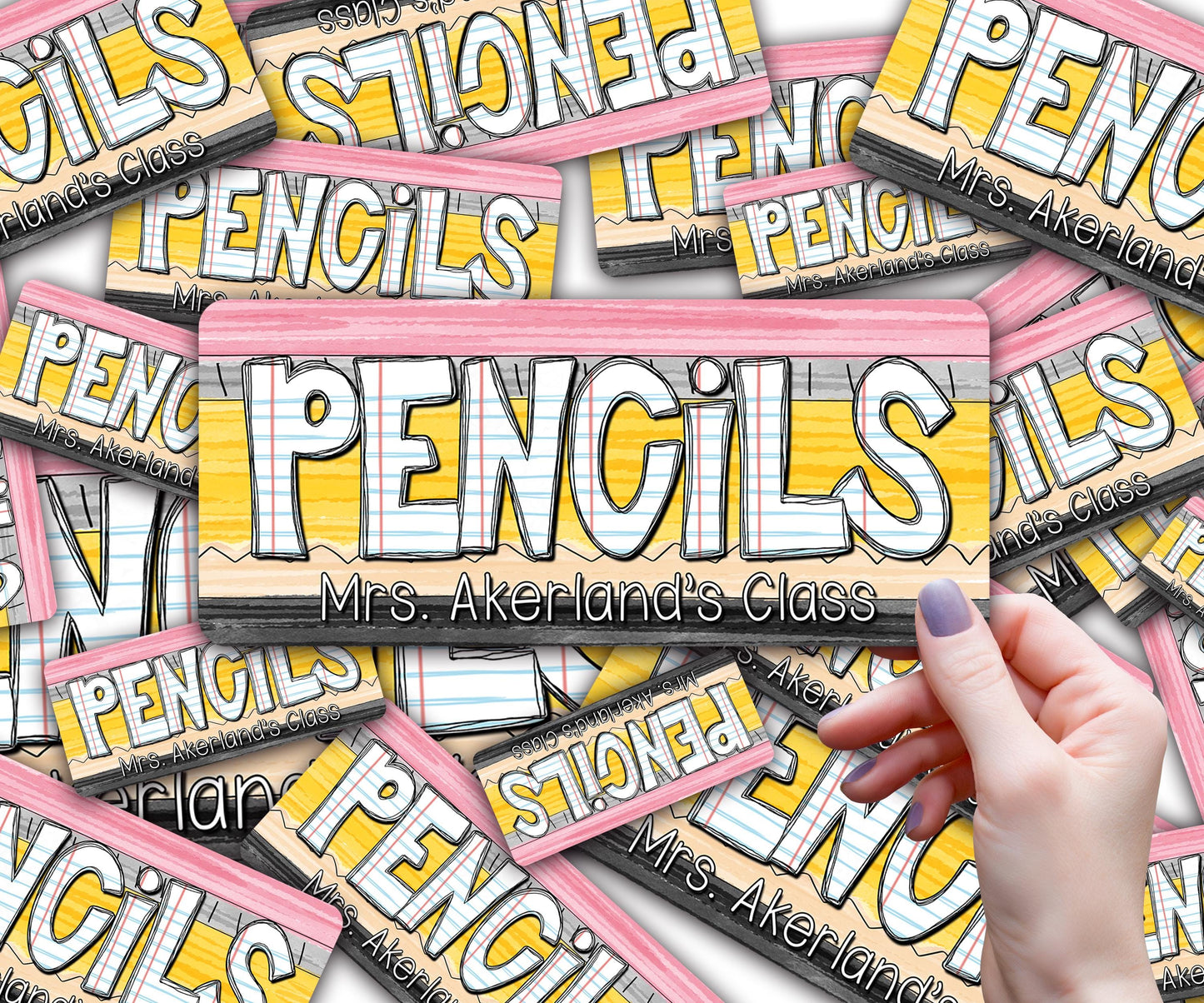 Custom Pencil Dispenser Vinyl Decal Personalized with a name, Waterproof Decal, Paper Pencil Theme, Teacher Appreciation Approx. 3.5x7.5 in