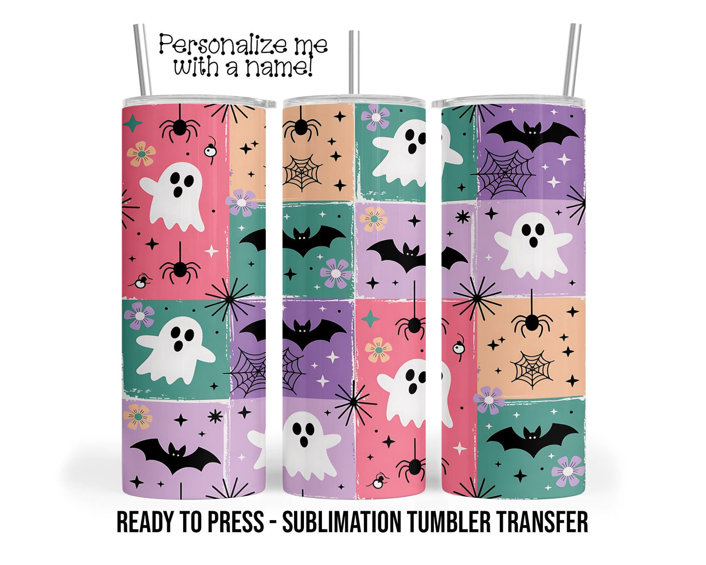 Halloween Ghosts, Bats, Spiders, Pastel Sublimation Tumbler Transfer Print 20oz Tumbler, Ready To press Heat Transfer SHIPS NEXT DAY