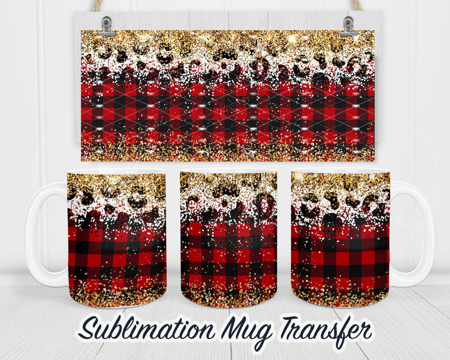 Christmas Plaid Coffee Mug Sublimation Transfer Print - 11 oz - 15 oz Coffee Mugs - Ready To press - Heat Transfers SHIPS NEXT DAY