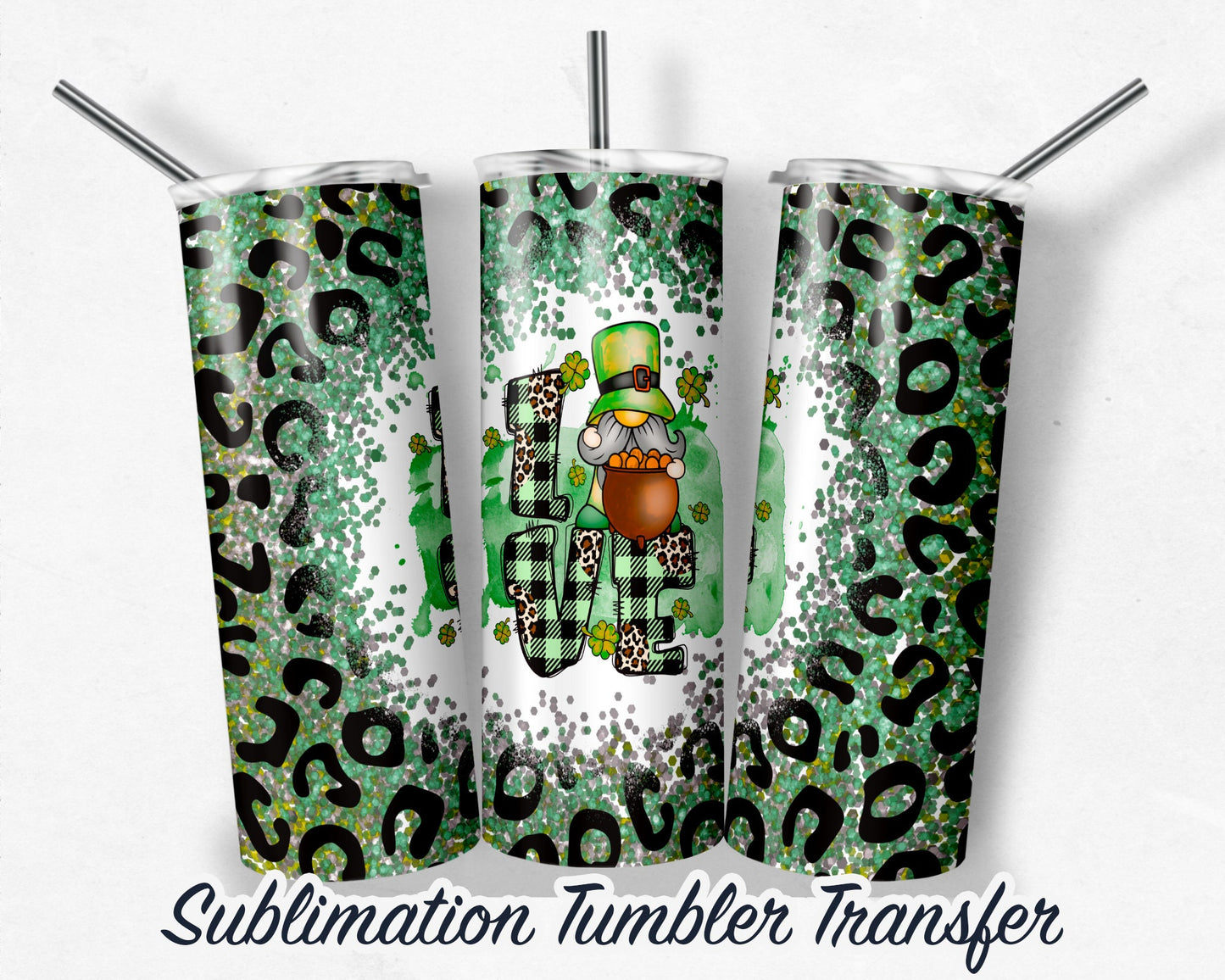 St. Patrick's Day LOVE Gnomes  Sublimation Transfer Print For 20 - 30 oz Tumblers - Ready to Press - Heat Transfers