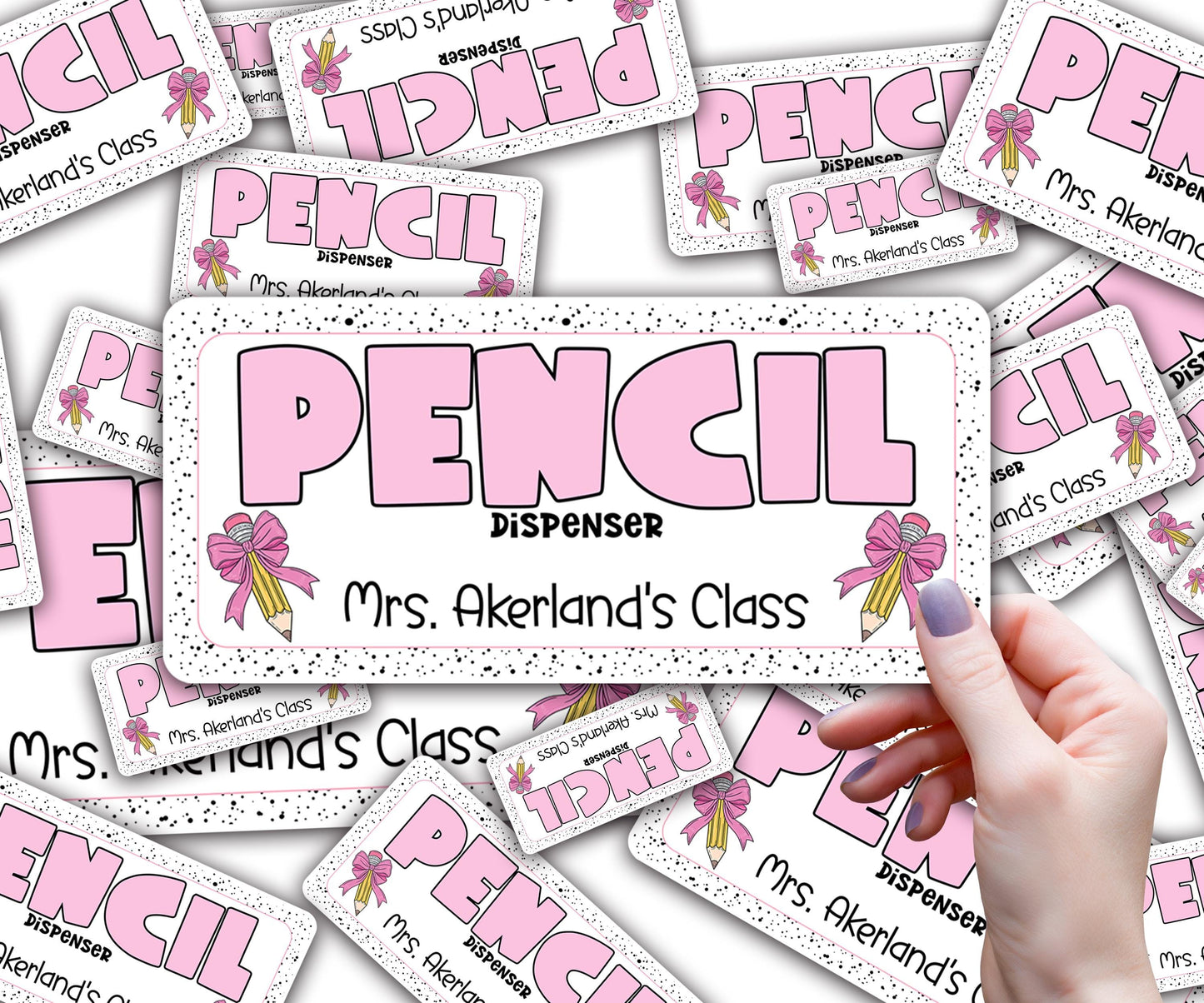 Custom Pencil Dispenser Waterproof Vinyl Decal OR Magnetic Decal Personalized with a name, Pink Pencil Bow Theme, Teacher Appreciation