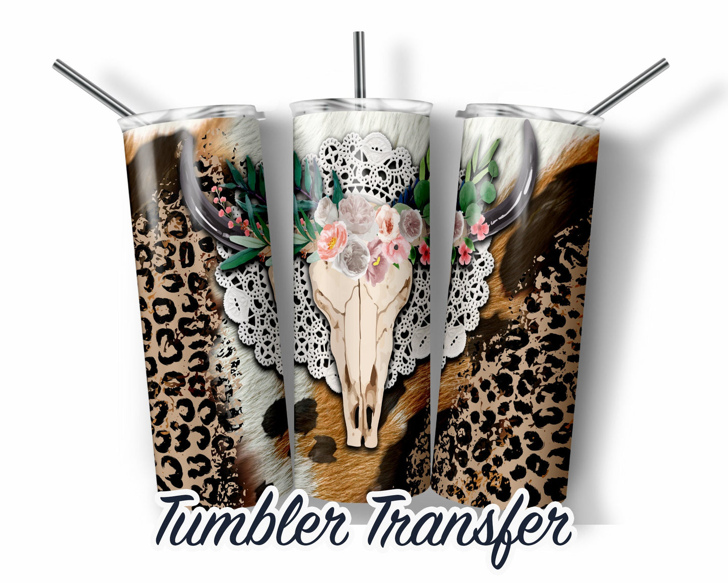 Boho Western Bull Skull Animal Hide Sublimation Transfer Print 20 oz - 30oz Skinny Tumbler - RTP - Heat Transfers