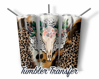 Boho Western Bull Skull Animal Hide Sublimation Transfer Print 20 oz - 30oz Skinny Tumbler - RTP - Heat Transfers