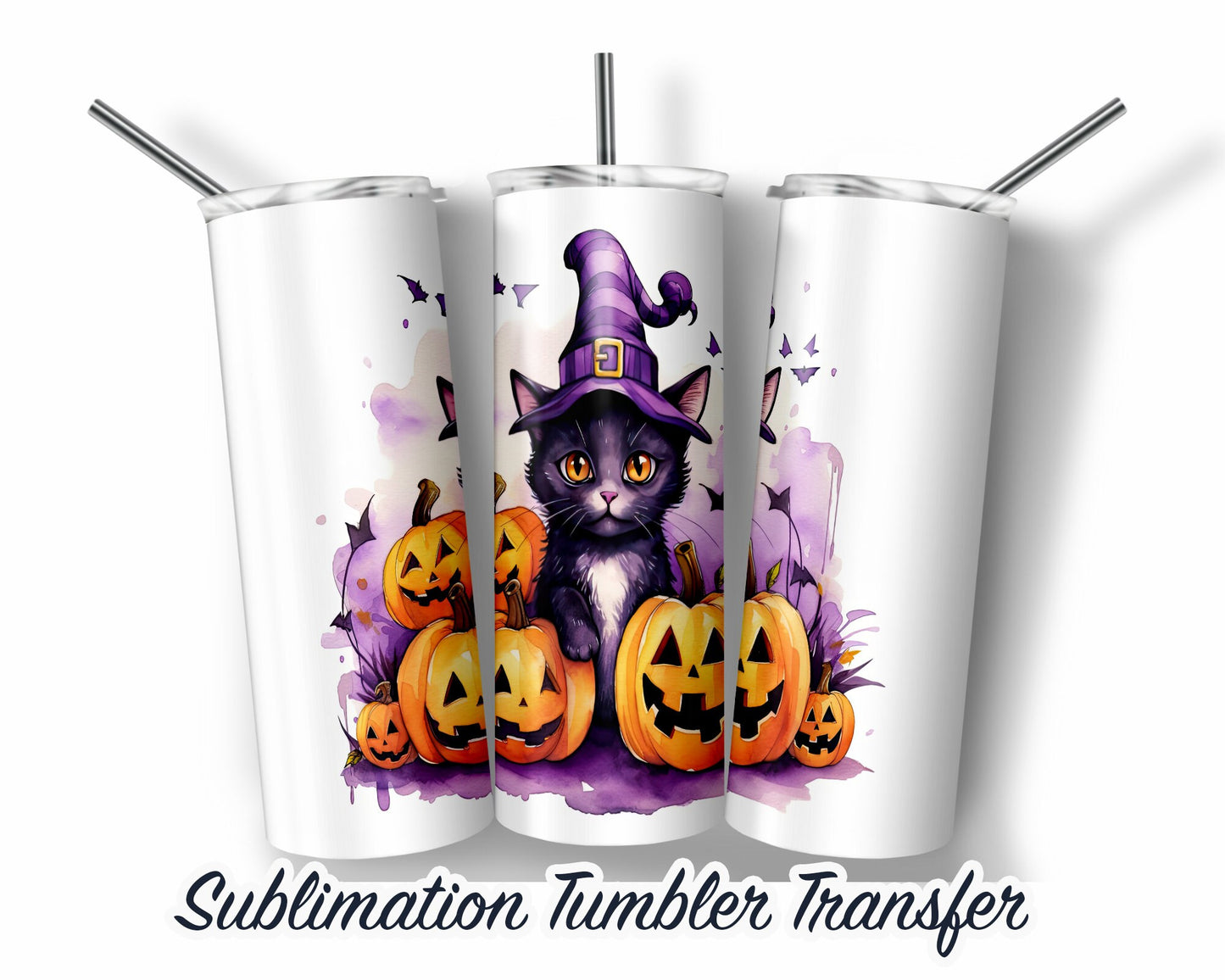 Black Cat Halloween Sublimation Transfer Print For 20 oz Tumblers - 30 oz Tumblers - Ready To press - Heat Transfers