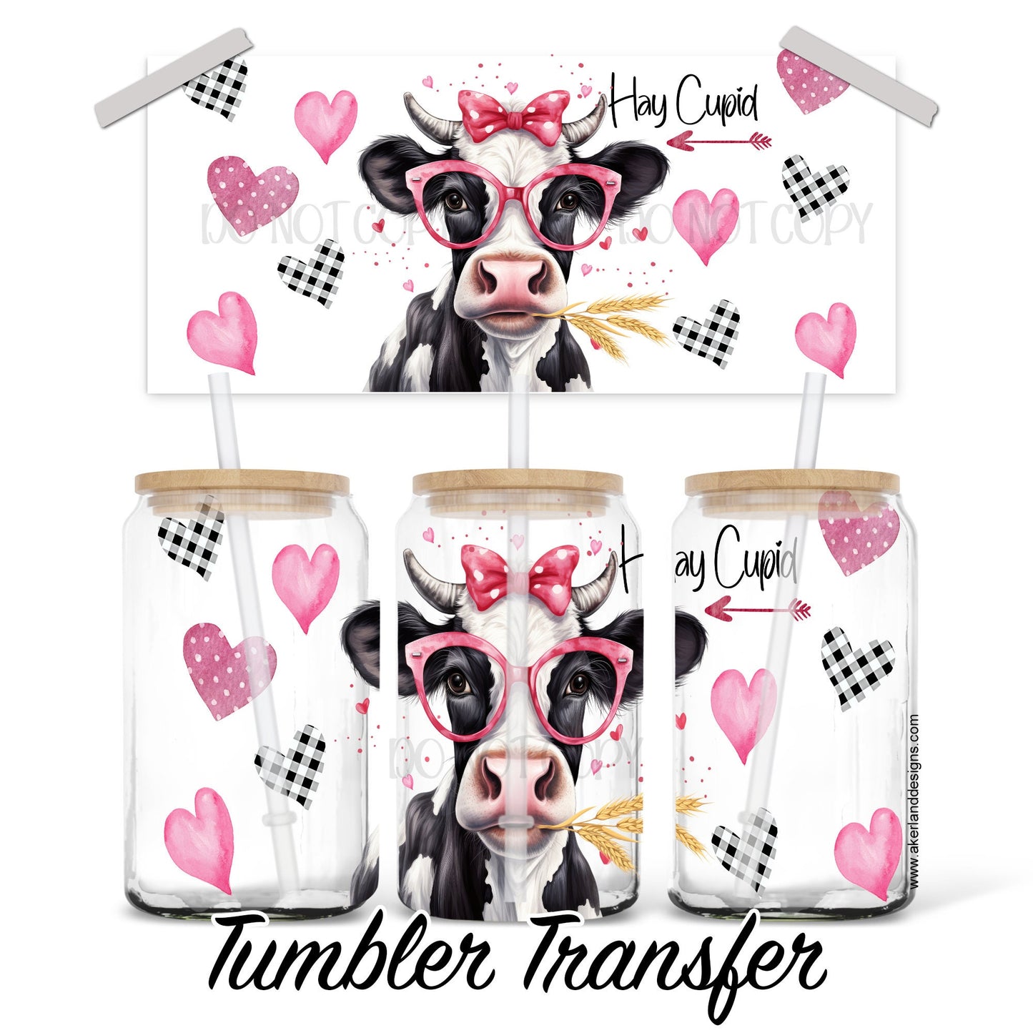 Valentines 16 oz Glass Can 16 oz Sublimation Transfer Ready to Press Heat Transfer - Cow with Hearts SHIPS NEXT DAY