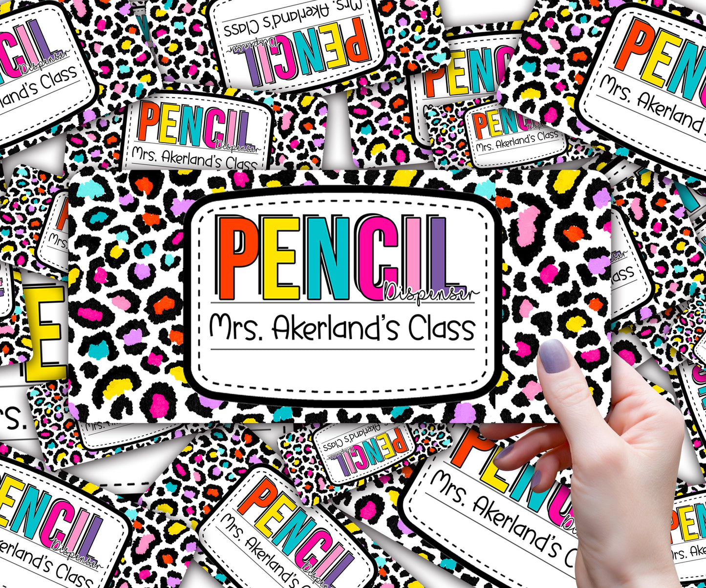 Custom Pencil Dispenser Waterproof Vinyl Decal OR Magnetic Decal Personalized with a name, Neon Leopard Theme, Teacher Appreciation Gift