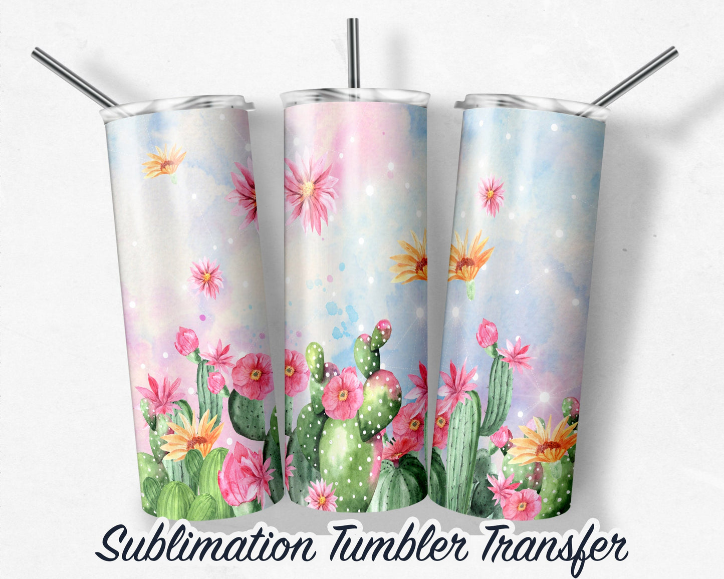 Watercolor Cactus Sublimation Transfer Print For 20 oz Tumblers - 30 oz Tumblers - Ready To press - Heat Transfers