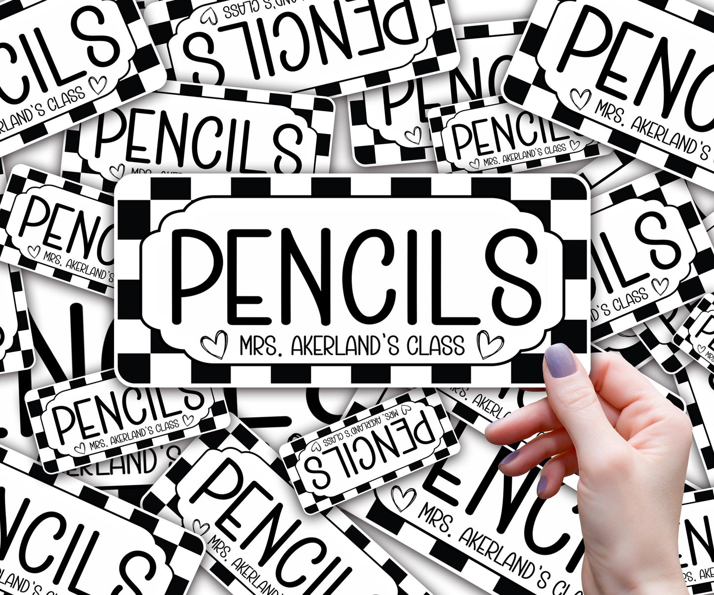 Custom Pencil Dispenser Vinyl Decal Personalized with a name, Waterproof Decal, Retro Checker, Teacher Appreciation Approx. 3.5x7.5 inches