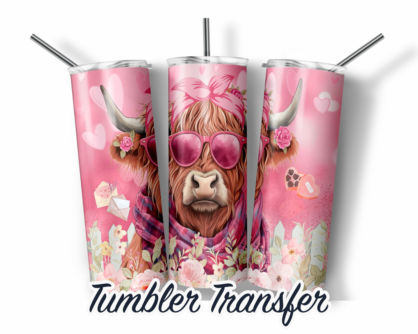 Valentine Highland Cow  Sublimation Transfer Print For 20 oz Tumbler - 30 oz Skinny Tumbler - RTP - Heat Transfers