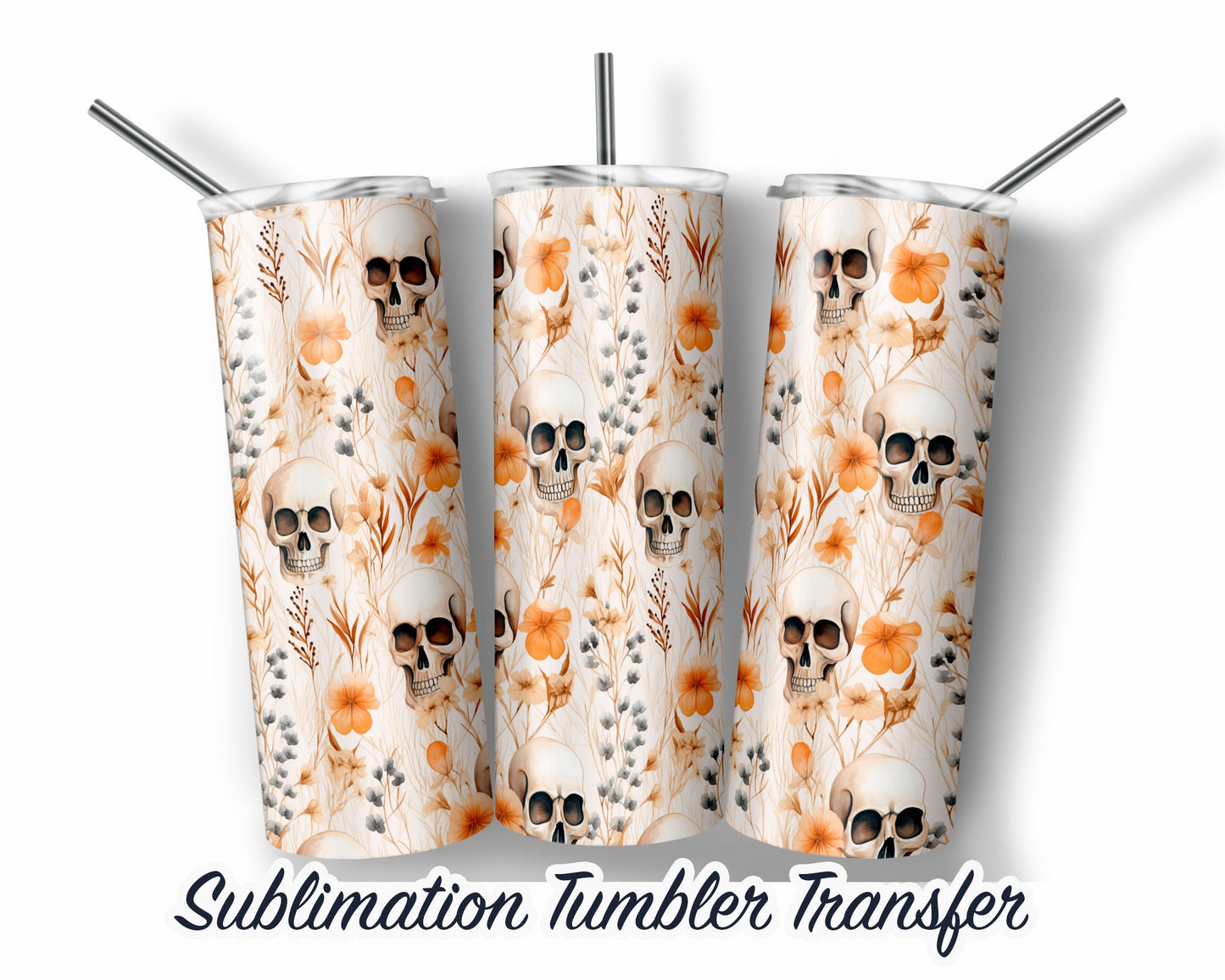 Halloween Skulls Sublimation Transfer Print For 20 oz - 30 oz Skinny Tumbler - Ready To Press