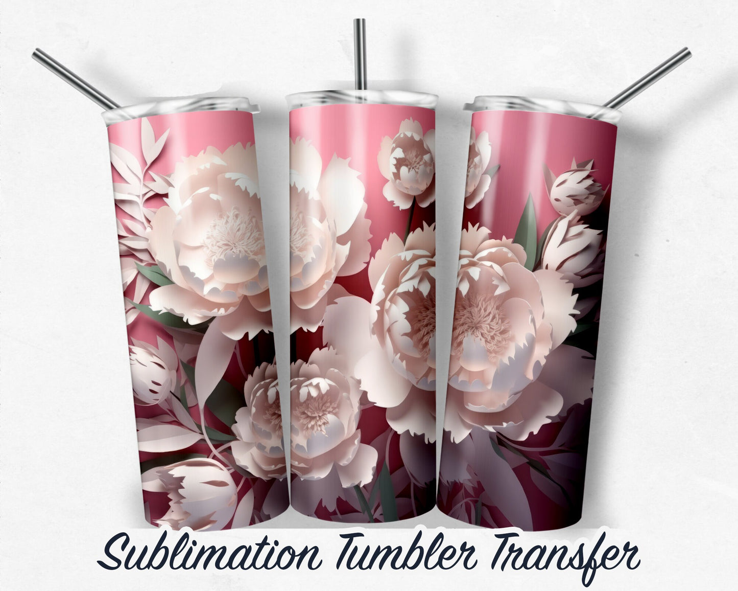 3D Flower Sublimation Transfer Print For 20 oz - 30 oz Skinny Tumbler - Ready To press - Heat Transfers