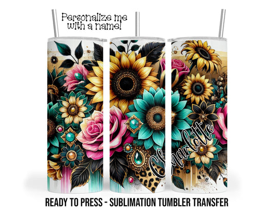 Sunflower, Turquoise Personalized Sublimation Tumbler Transfer Print 20 oz Tumbler 30oz Tumbler Ready To press Heat Transfers SHIPS NEXT DAY