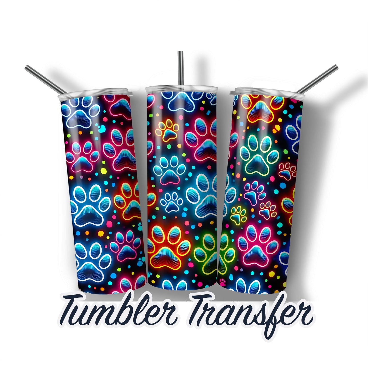 Neon Paw Prints Sublimation Transfer Print For 20 oz Tumbler - 30 oz Skinny Tumbler - Ready To press - Heat Transfer Ships Next Day