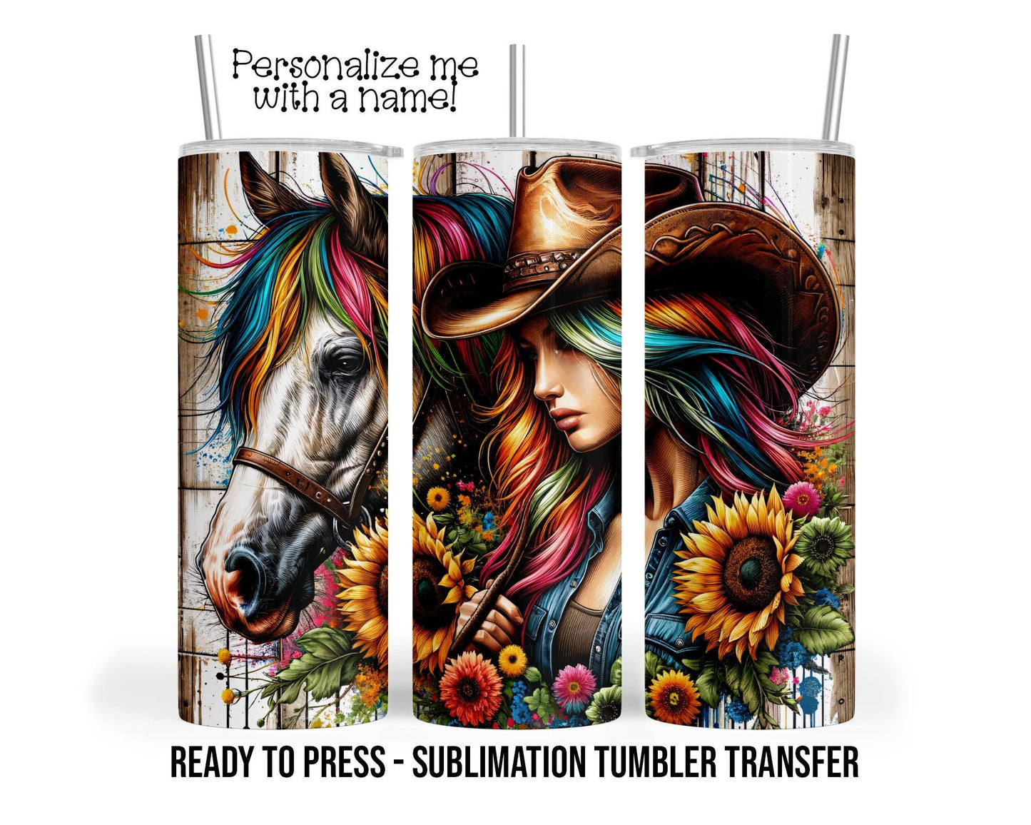 Cowgirl Horse Western Sublimation Tumbler Transfer Print For 20 oz Tumbler or 30 oz Tumbler Ready to Press Heat Transfers SHIPS NEXT DAY