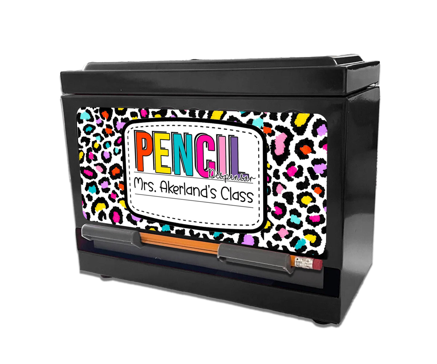 Custom Pencil Dispenser Waterproof Vinyl Decal OR Magnetic Decal Personalized with a name, Neon Leopard Theme, Teacher Appreciation Gift