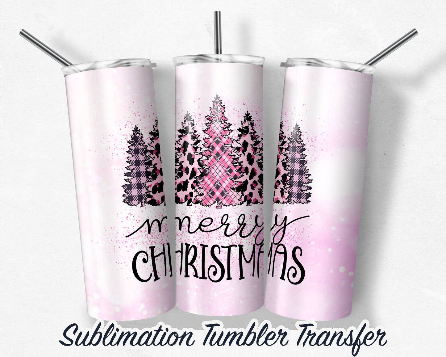 Merry Christmas Pink Trees  Sublimation Transfer Print For 20 oz - 30 oz Tumbler - Ready To press - Heat Transfers
