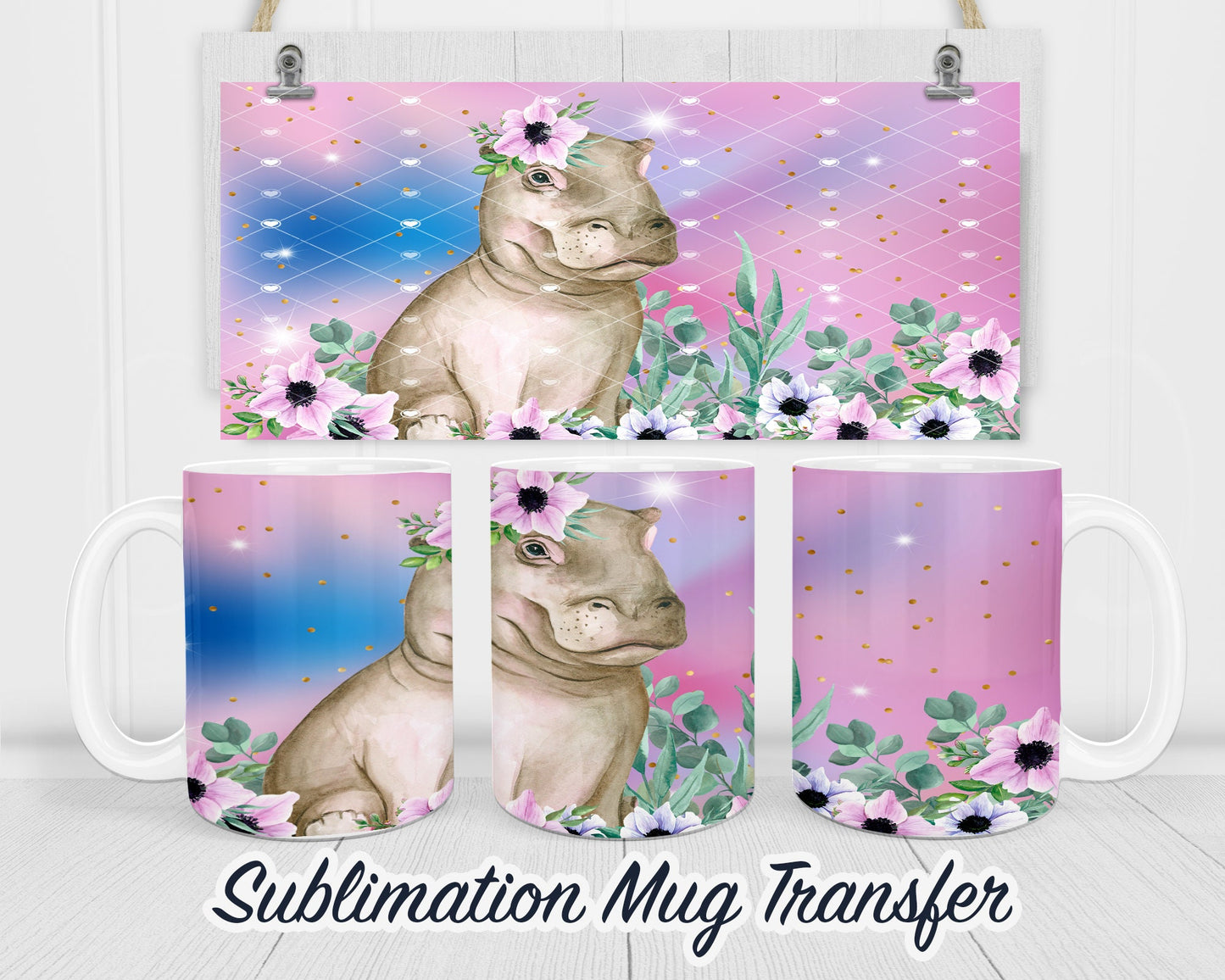Hippo - Sublimation Transfer Print For 11 oz - 15 oz Mugs - Ready To press - Heat Transfer