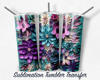 3D Floral Sublimation Transfer Print 20 oz - 30 oz Skinny Tumbler - Ready to Press - Heat Transfers SHIPS NEXT DAY
