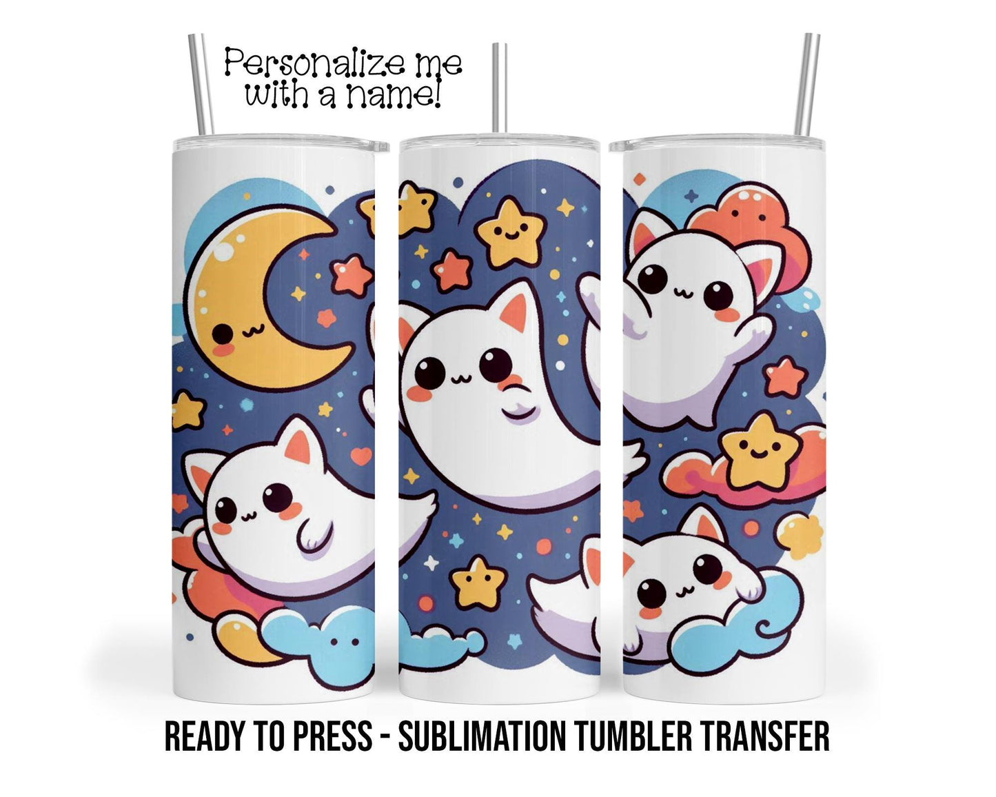 Kitty Cat Ghosts, Cartoon Ghosts Sublimation Tumbler Transfer Print 20oz Tumbler, Ready To press Heat Transfer SHIPS NEXT DAY