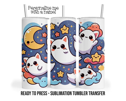 Kitty Cat Ghosts, Cartoon Ghosts Sublimation Tumbler Transfer Print 20oz Tumbler, Ready To press Heat Transfer SHIPS NEXT DAY