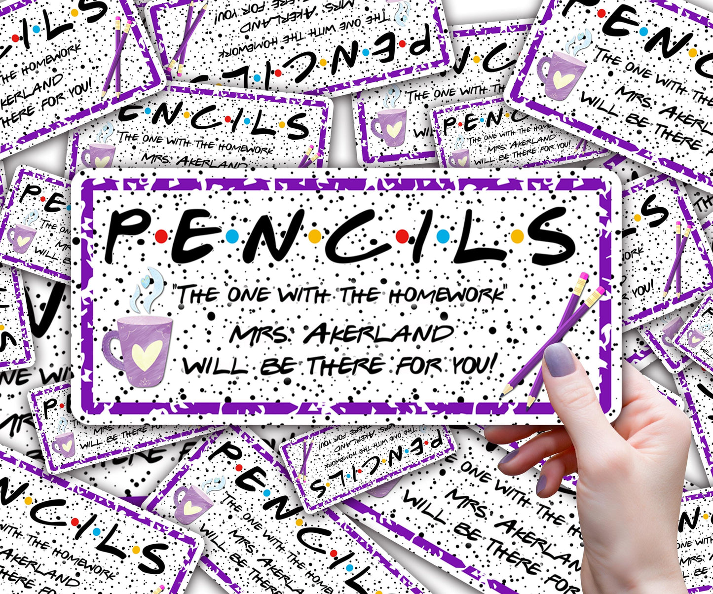 Custom Pencil Dispenser Waterproof Vinyl Decal OR Magnetic Decal Personalized with a name, Purple Pencil Theme, Teacher Appreciation Gift
