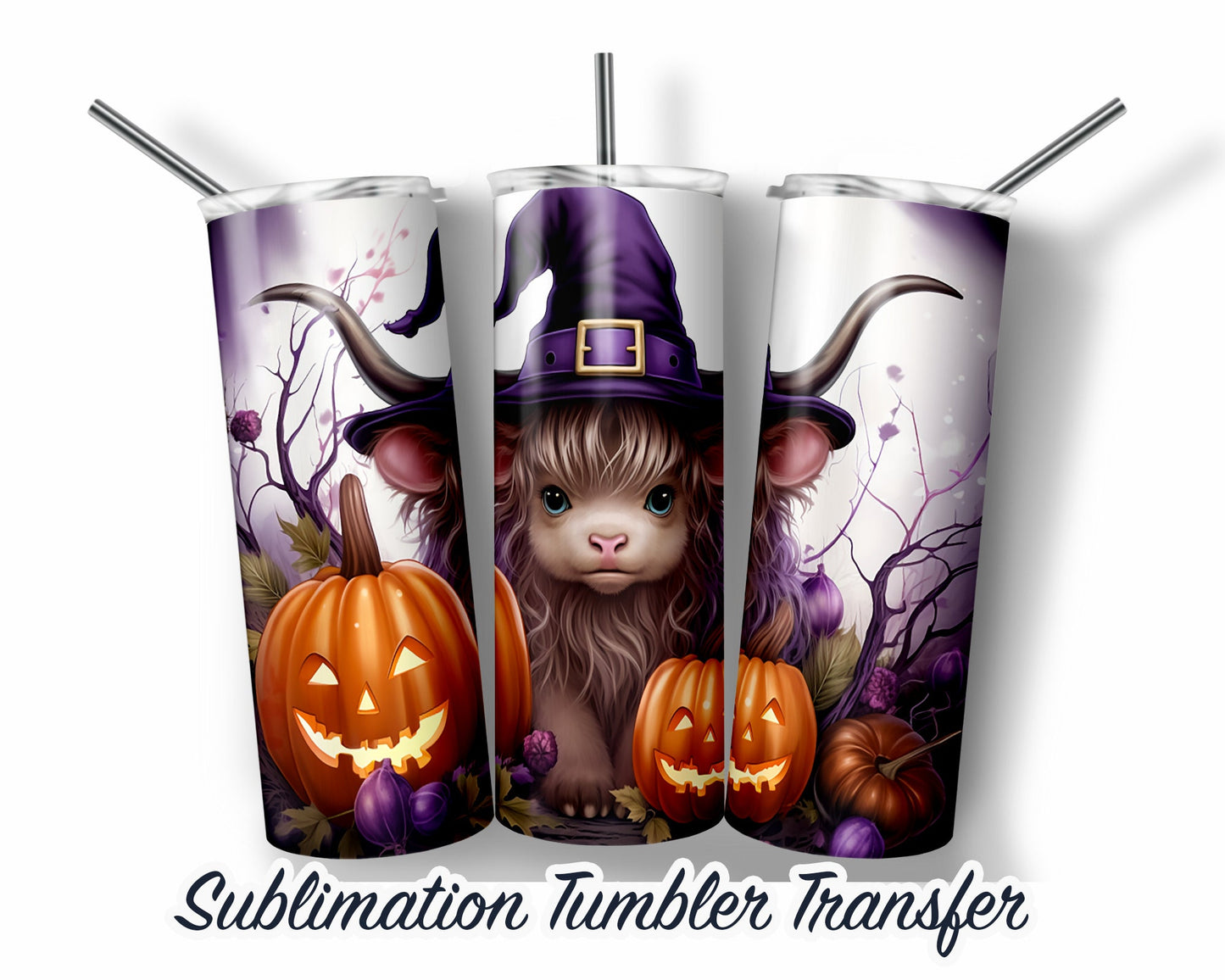 Highland Cow Halloween Sublimation Transfer Print For 20 oz Tumblers - 30 oz Tumblers - Ready To press - Heat Transfers SHIPS NEXT DAY