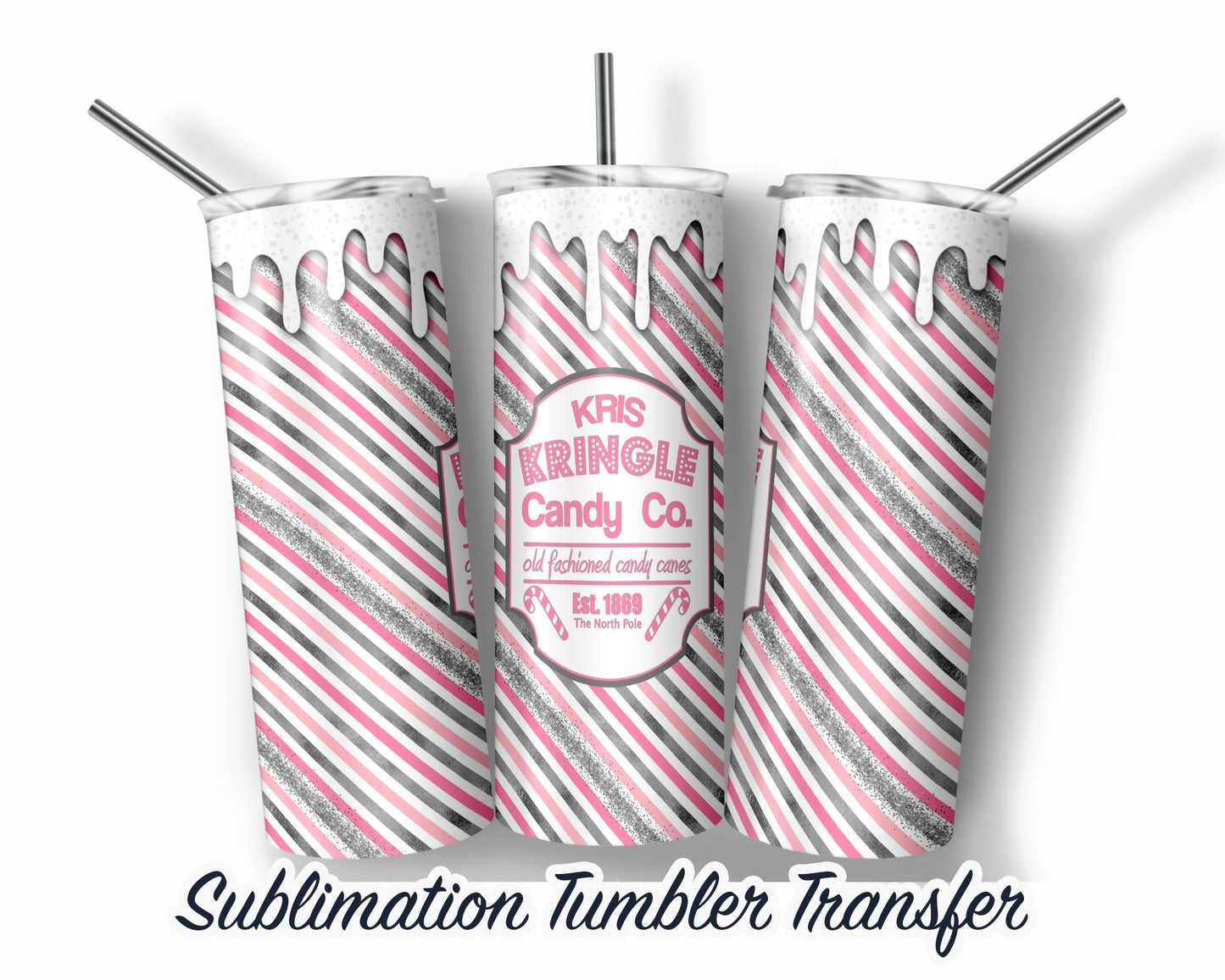 Pink Candy Cane Sublimation Transfer Print For 20 oz Tumblers - 30 oz Tumblers - Ready To press - Heat Transfers SHIPS NEXT DAY