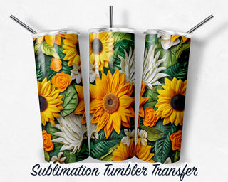3D Sunflower Sublimation Transfer Print For 20 oz - 30 oz Skinny Tumbler - Ready To press - Heat Transfers
