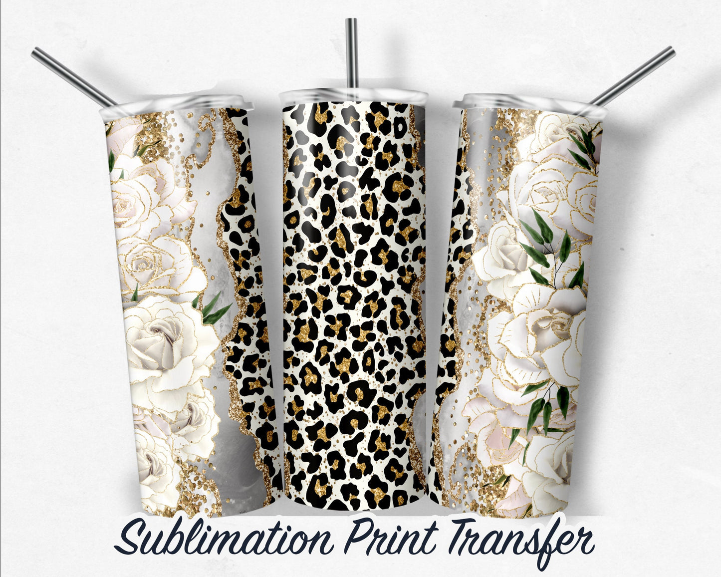 Leopard Floral  Sublimation Transfer Print For 20 oz Tumbler - 30 oz Skinny Tumbler - RTP - Heat Transfers