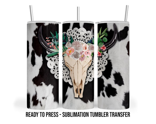Western Skull Cowhide Sublimation Transfer Print For 20 oz Tumblers - 30 oz Tumblers - Ready To press - Heat Transfers SHIPS NEXT DAY