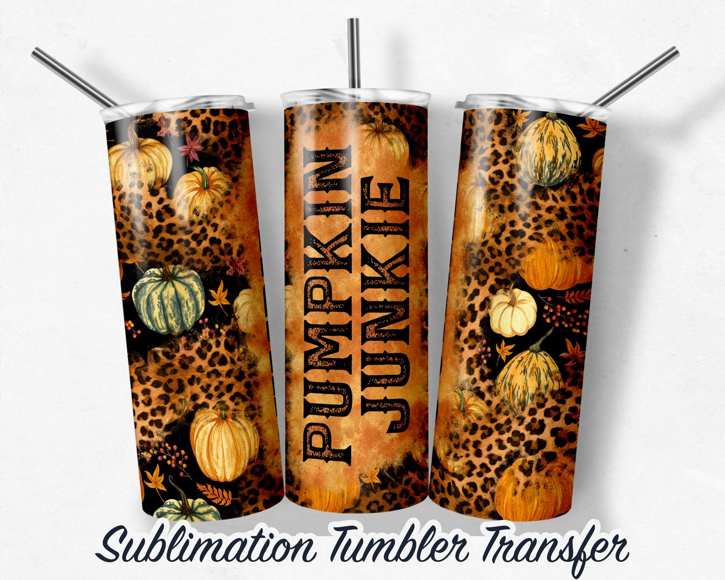 Fall Leopard Pumpkin Sublimation Transfer Print For 20 oz- 30 oz Skinny Tumbler - Ready To press - Heat Transfers