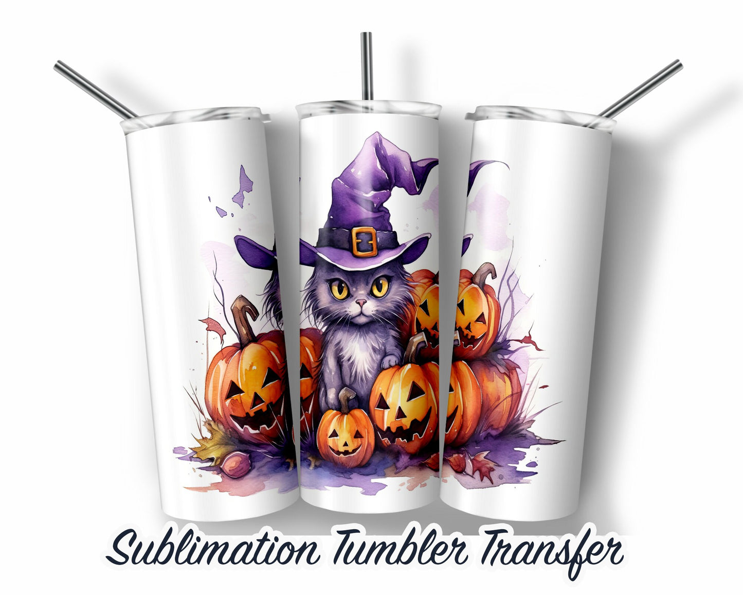 Purple Cat Halloween Sublimation Transfer Print For 20 oz Tumblers - 30 oz Tumblers - Ready To press - Heat Transfers