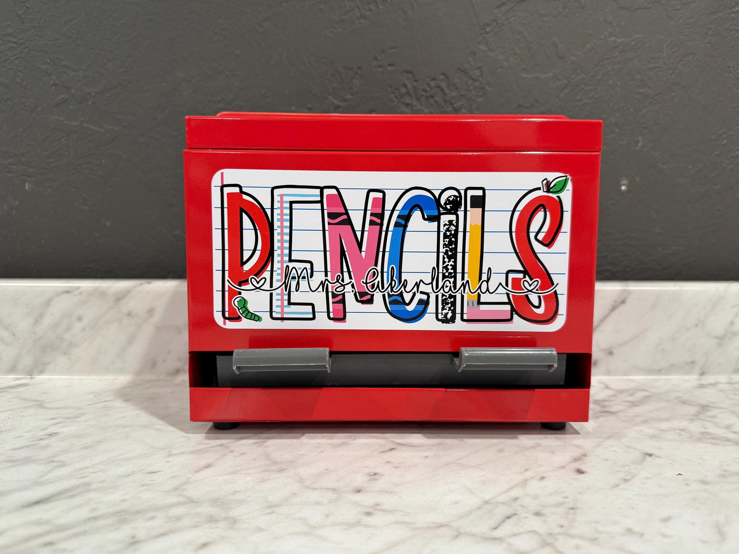 Custom Pencil Dispenser Vinyl Decal Personalized with a name, Waterproof Decal, Classroom, Teacher Appreciation Gift Approx. 3.5x7.5 inches