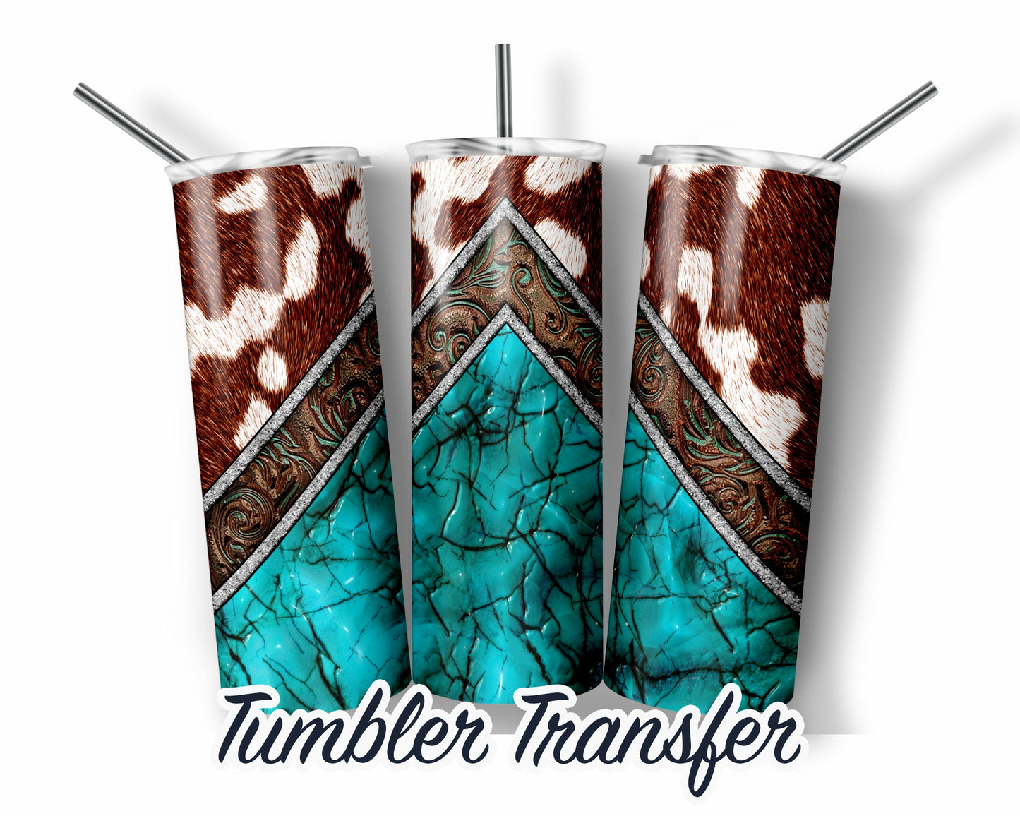Cowhide Leather Turquoise Sublimation Transfer Print For 20 oz Tumbler - 30 oz Tumbler - Ready To press - Heat Transfers