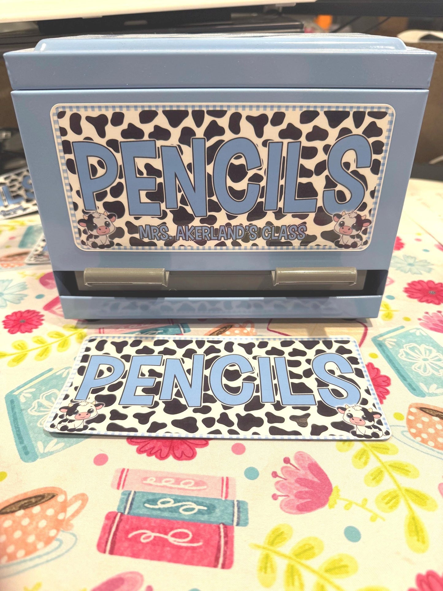 Custom Pencil Dispenser Waterproof Vinyl Decal OR Magnetic Decal Personalized with a name, Gift Blue Gingham Cow Theme, Classroom Decor
